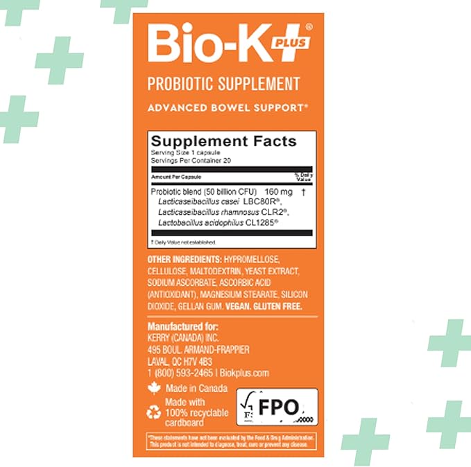 Bio K+ Advanced Bowel Support – Vegan Probiotics for Digestive Health, for Women & Men, Helps Normalize Bowel Habits & Occasional Discomfort, Gluten Free, Non GMO, 50 Billion CFU – 20 Capsules