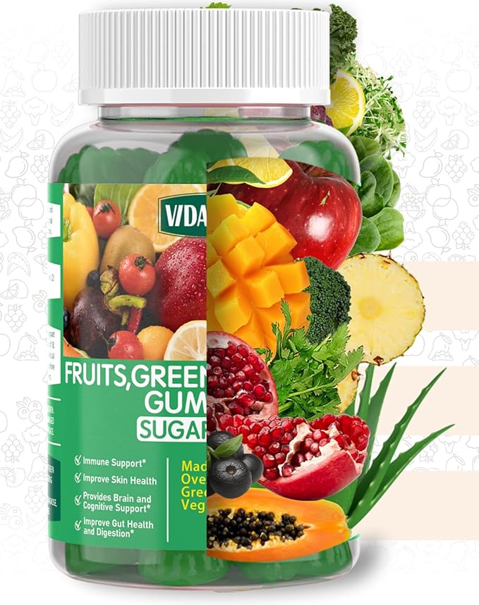 Sugar-Free Fruit and Veggie Gummies — 35+ Greens, Fruit and Vegetable Vitamins to Boost Immunity, Skin & Gut Health — Ideal Fruit and Vegetable Supplement for Adults & Kids (60 Gummies)