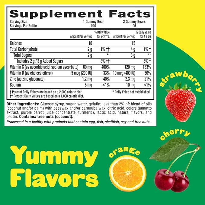 L’il Critters Immune C Daily Gummy Supplement Vitamin for Kids, for Vitamin C, D and Zinc for Immune Support, Orange, Lemon and Cherry Flavors, 190 Gummies (Pack of 2)