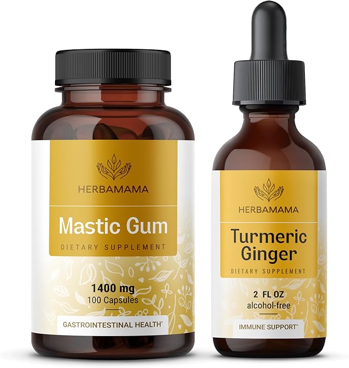 HERBAMAMA Mastic Gum and Turmeric Ginger Kit - Bundle of 1400 mg Mastic Gum Capsules & Turmeric Ginger Tincture 2 fl oz - Vegan, Non-GMO, Sugar & Alcohol-Free - 2 Pack
