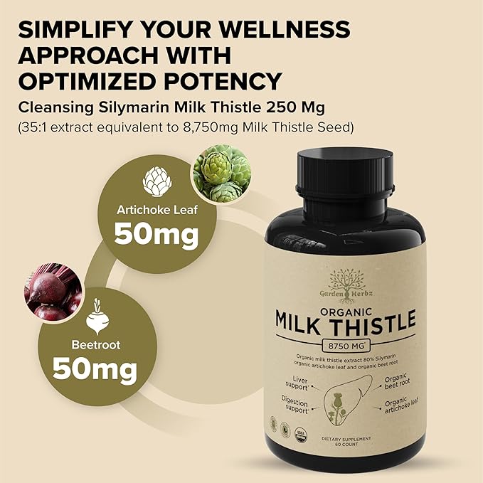Organic Milk Thistle Supplement 80% Silymarin – 250 mg with Beet Root & Artichoke Leaf Extract – Herbal Formula for Liver and Digestive Support, 120 Capsules
