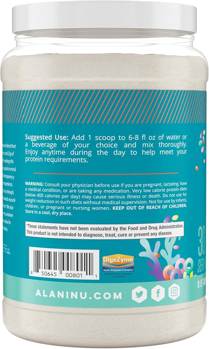 Alani Nu Whey Protein Powder Fruity Cereal | 23g Protein with Low Sugar & Digestive Enzymes | Meal Replacement Powder | Low Fat Low Carb Whey Isolate Protein Blend | 30 Servings