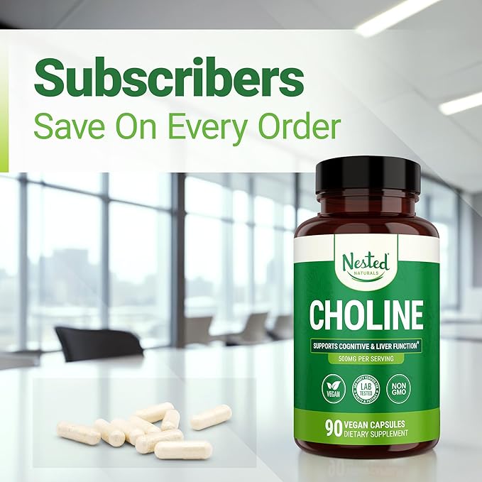 Nested Naturals Choline Bitartrate 500mg - High Potency Choline Supplements - Supports Cognitive Performance & Liver Function - 100% Vegan & Non-GMO Choline - 2-Pack (180 Vegan Capsules)