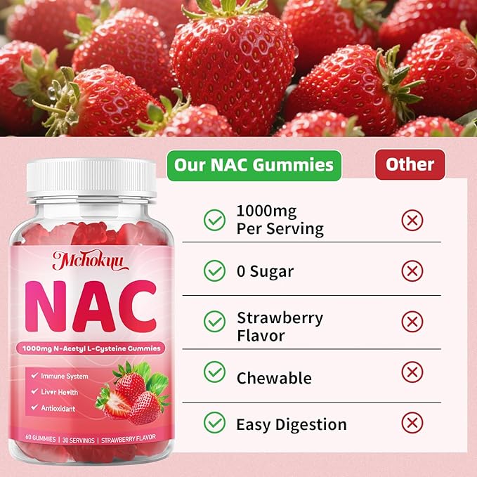 NAC Gummies 1000mg, N-Acetyl Cysteine Supplement for Adults & Kids Immune Support Liver Detox & Lung Health Antioxidant Supplement, Sugar-Free, Vegan, Strawberry Flavor, 120 Gummies