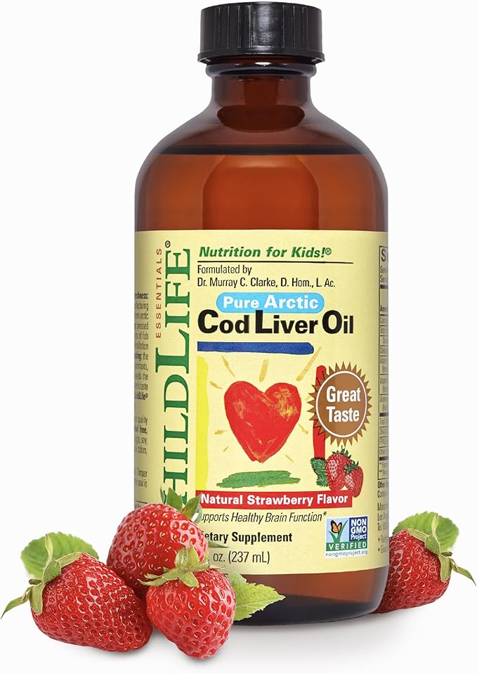 CHILDLIFE Essentials Cod Liver Oil for Kids - Liquid, Arctic Cod Liver Oil for Babies 6+ Months, Toddlers, & Children, Added DHA, EPA, Omega-3 Fatty Acids - Strawberry, 8 fl oz