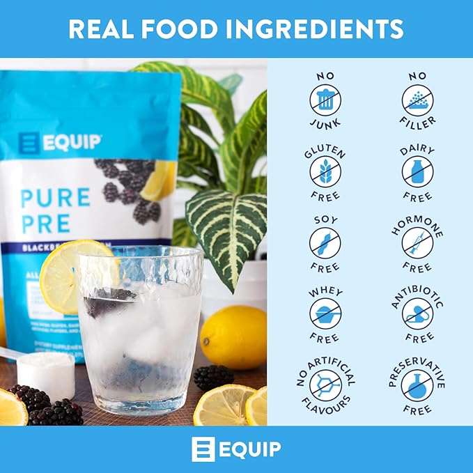 Equip Foods Pure Pre All Natural Pre-Workout Powder | Green Tea Caffeine, Sea Salt, EAA, Vitamin C, B6, B12, L-carnitine, Agnine | Naturally Boosts Workouts | 30 Servings, BlackBerry Lemon Caffeinated