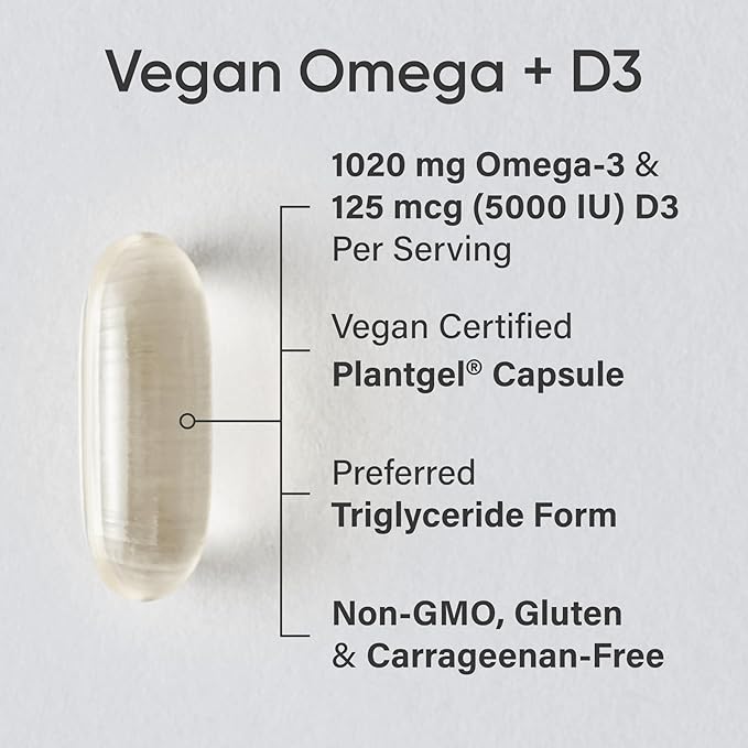 Sports Research® Vegan Omega-3 + Vitamin D3 5000iu (125mcg) - Vegan Certified · Carrageenan Free · Gluten Free - 60 Plantgel® Capsules