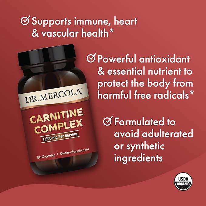 Dr. Mercola Carnitine Complex, 30 Servings (60 Capsules), Dietary Supplement, 1000 mg Per Serving, Supports Immune Health, Non-GMO