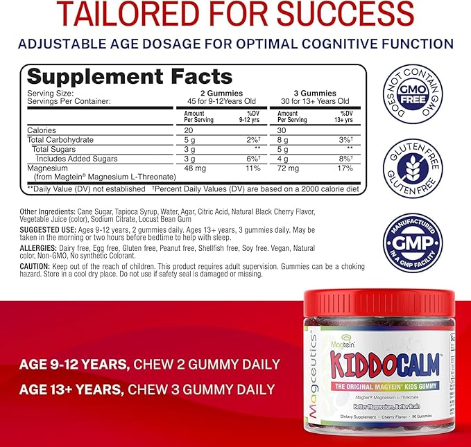 KiddoCalm Magnesium Gummies - Magtein Magnesium L-Threonate Gummy for Kids, Focus, Calm, Sleep, Attention & Brain Health Support Supplement for Children - 90 Vegan Gummies