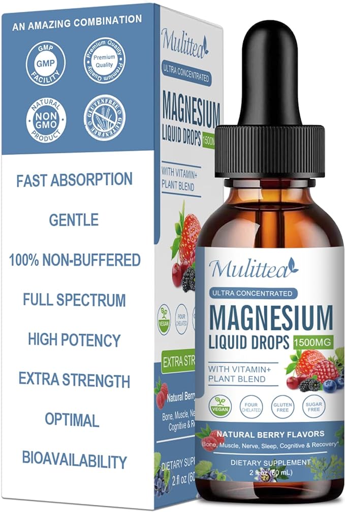 Magnesium Glycinate Liquid Drop - Triple Absorption Supplement to Support Nerves, Night, Heart, Muscles * -Sugar-Free with Potassium, L-Theanine, Sea Moss Vitamin B,C,D3, K2-1Pack