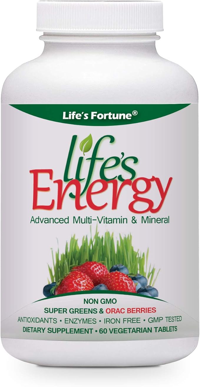 Life's Fortune Life's Energy Advanced Multi-Vitamin and Mineral Non-GMO - Super Greens - ORAC Berries - AntiOxidants - Enzymes - Iron Free - GMP Tested, 60 Veggie Tablets