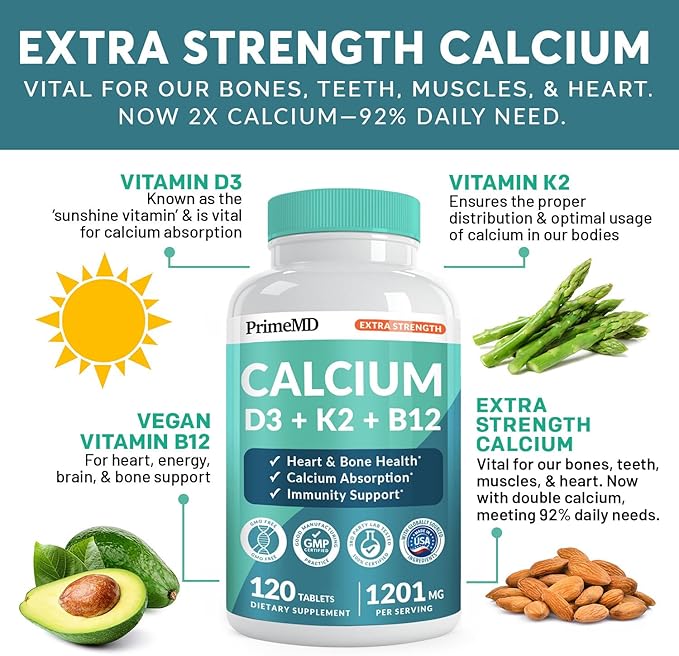 4-in-1 Calcium 1200mg with Vitamin D3 - Calcium Supplement for Women and Men with Vitamin K2 B12 5000 IU - Extra Strength Calcium Citrate for Bone and Heart Support (120ct)