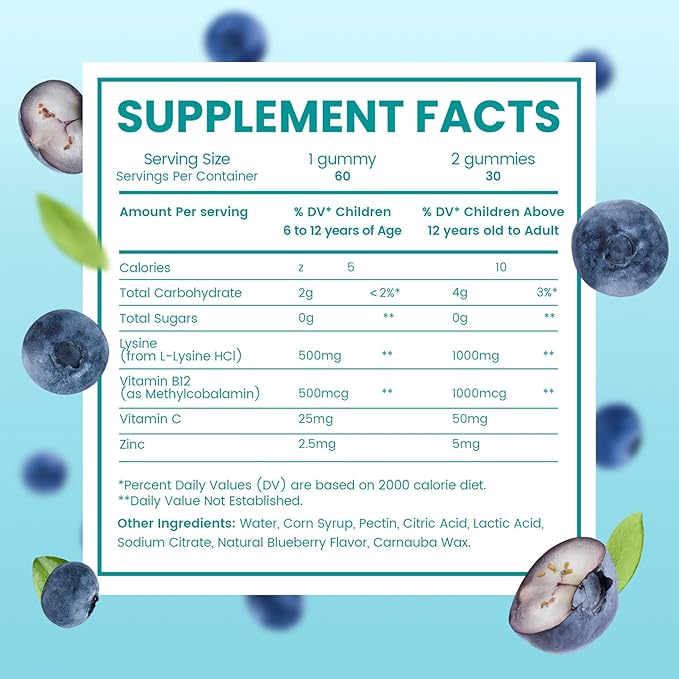 L- Lysine Gummies 1000mg - Sugar Free for Kids and Adults, Chewable L Lysine Supplements with Vitamin C,B12 & Zinc for Lips,Oral & Skin Health, Immune, Collagen Support, Vegan, Gluten Free,Mixedberry