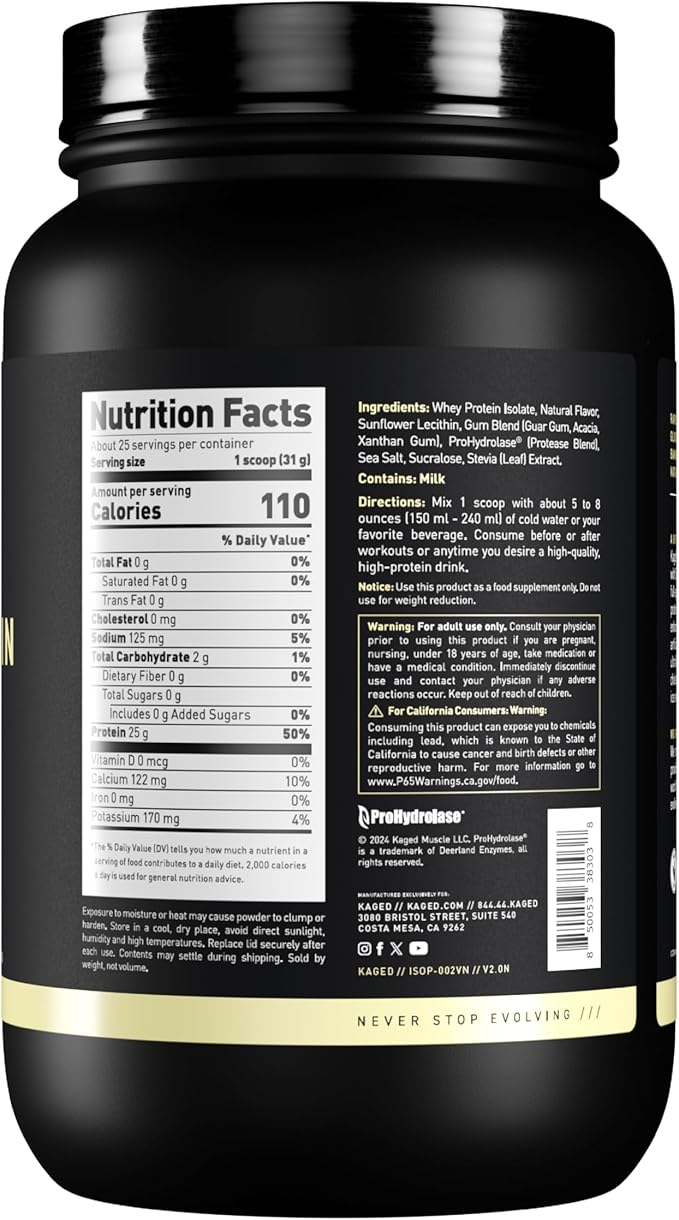 Kaged Whey Protein Isolate Powder, Vanilla, 100% Pure Low Lactose Whey, Post Workout Recovery Drink, Supports Muscle-Building, 25g per Serving, Amazing Taste and Easy Mix for Shakes, 25 Serving