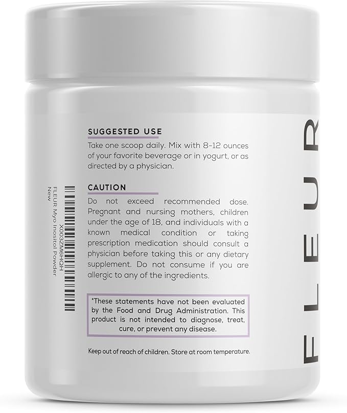 FLEUR Myo-Inositol & D-Chiro Inositol Powder, Hormone Balance and Ovarian Function Support for Women,Supplement for PCOS Symptom Relief, Regulates Menstrual Cycle, Unflavored, 4.34oz (123g)