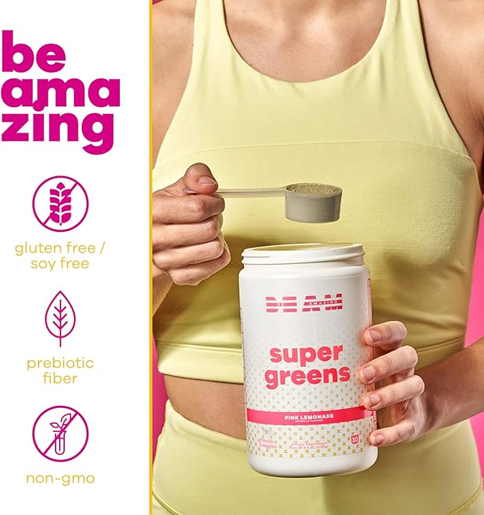 Be Amazing be Amazing Super Greens Powder with Prebiotics, Digestive Enzymes & Antioxidants | 18 Fruits & 8 Veggies | Gluten-Free Juice & Smoothie Mix | Pink Lemonade, 30 Servings, 342 g