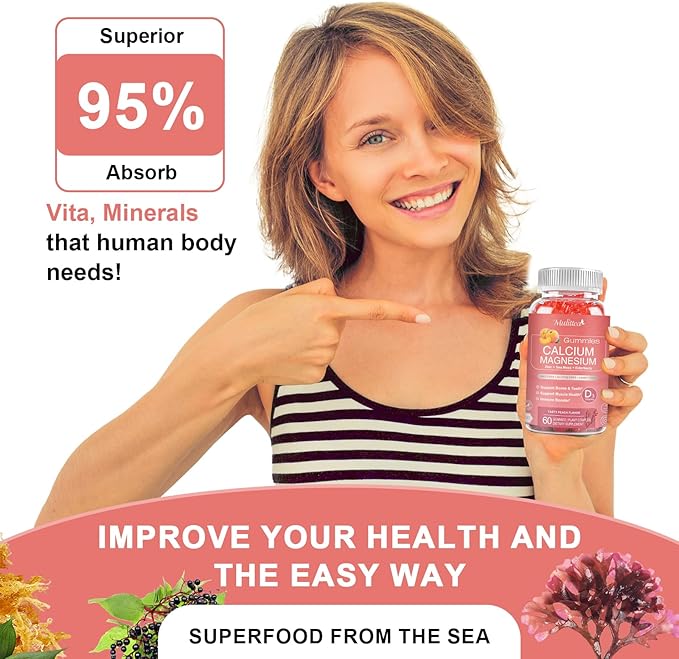 Calcium Gummies with D3,Zinc - Plant Complex Calcium Magnesium Supplement with Glycinate,Potassium,Vitamin C &Whole Natural Food for Bone & Immune Support- 60 Chewable Gummy Sugar-Free