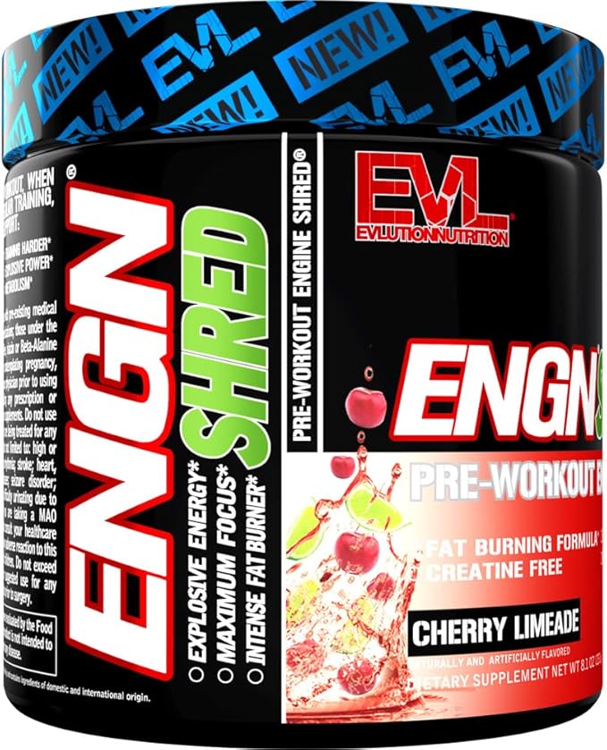 EVL Ultimate Pre Workout Powder - Thermogenic Fat Burner Preworkout Powder Drink for Lasting Energy Focus and Stamina - ENGN Shred Intense Fat Burning Creatine Free Preworkout Drink - Cherry Limeade