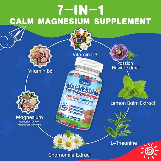 Kids Magnesium Gummies - Magnesium Glycinate Citrate Chewable Supplement with Vitamin B6, D3, Passion Flower, L-theanine - Sugar Free Calm Magnesium for Kids & Adults Sleep, Mood, Relaxation, 60 Chews
