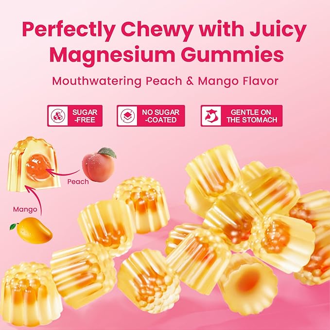 Magnesium Glycinate Gummies 600mg, Magnesium L-Threonate Supplement for Kids & Adults - Vitamin D3 K2 Zinc for Sleep Calm Muscle Relaxation Cognitive - Sugar Free Peach & Mango Center-Filled Gummies