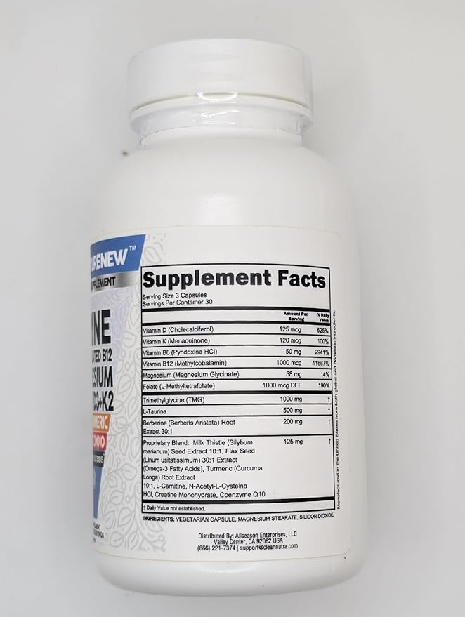Clean Nutra Methylated Multivitamin for Women Men TMG Taurine Supplement + B6 Vitamins, B12, D3 K2, Magnesium Methylfolate Milk Thistle Omega 3 Turmeric NAC L Carnitine Creatine COQ10 B Complex Caps