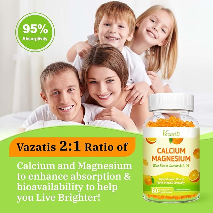 Calcium Magnesium Zinc Gummies, Calcium Magnesium 2:1 Ratio with Vitamin D3 & B12 for Support Muscle, Mood and Immunity, 60 Vegan Orange Flavor Gummies