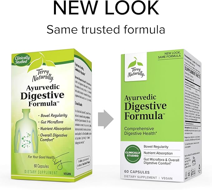 Terry Naturally Ayurvedic Digestive Formula - 60 Capsules - Promotes Bowel Regularity, Gut Microflora & Nutrient Absorption - Non-GMO, Vegan, Gluten Free - 30 Servings