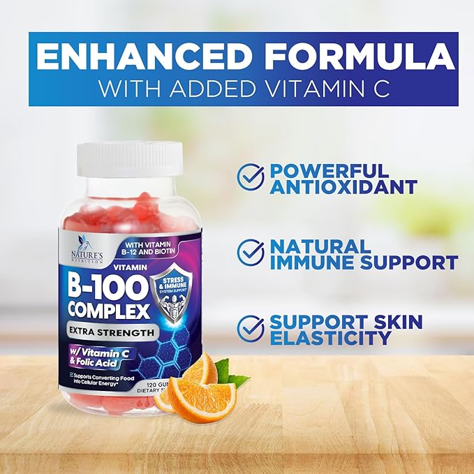 B Complex Gummy with Vitamin C & Folic Acid, Extra Strength Vitamin B Gummies Supplement with Niacin, B6, Folic Acid, Super B12, Biotin, Nature's Energy Immune Support Supplements - 120 Gummies