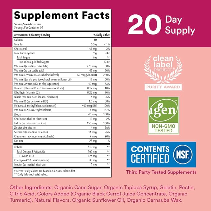 SmartyPants Women's Multivitamin Gummies: Omega 3 Fish Oil (EPA/DHA), Methylfolate, CoQ10, Vitamin D3, C, Vitamin B12, B6, Vitamin A, K & Zinc, Gluten Free, 120 Count (20 Day Supply)