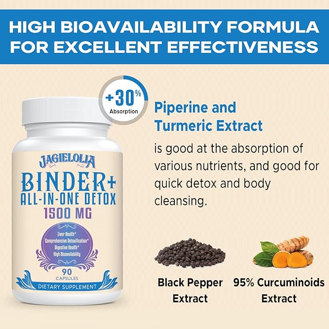 All-in-One Detox Binder Supplement 1500 MG - High Bioavailability, Liver Gut Detox Cleanse with Activated Charcoal, Zeolite & Bentonite Clay for Toxins, Liver, Digestive, 90 Vegan Capsules