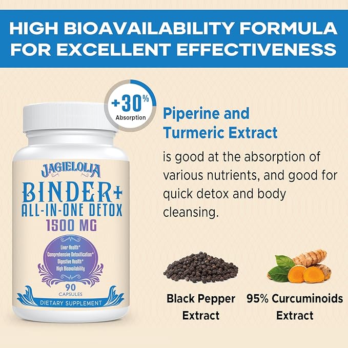 All-In-One Detox Binder Supplement 1500 MG - High Bioavailability, Liver Gut Detox Cleanse with Activated Charcoal, Zeolite & Bentonite Clay for Toxins, Liver, Digestive, 270 Vegan Capsules