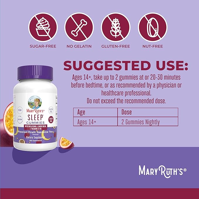 MaryRuth Organics Melatonin 5mg Sleep Gummy with L-Theanine | Lemon Balm | Vitamin B6 | Sugar-Free | Relaxation | Vegan | Non-GMO | Gluten Free | 60 Count