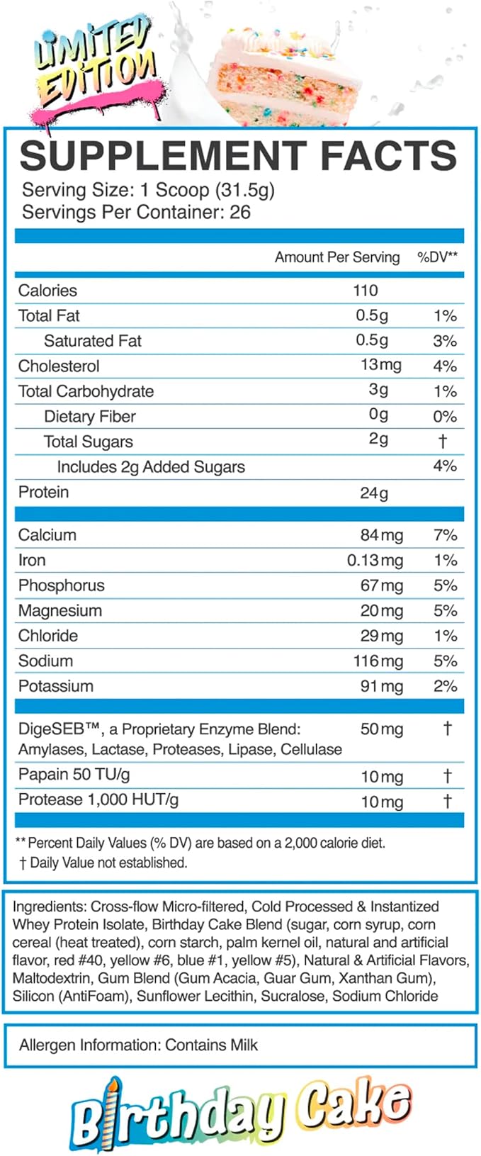 eFlow Nutrition 100% Whey Protein Isolate - Lactose-Free Digestive Enzymes Added, Low Carb, Post Workout Shake, Fast Digesting for Optimal Muscle Recovery - Birthday Cake (26 Servings)