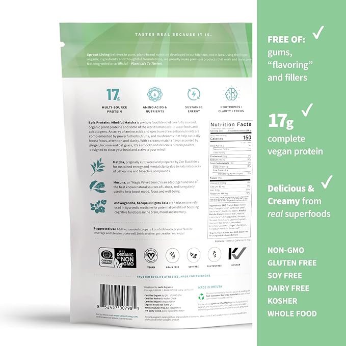 Sprout Living Epic Protein, Plant Based Protein & Superfoods Powder, Mindful Matcha | 17 Grams Organic Protein Powder, Vegan, Non-GMO, Gluten Free, Adaptogens + Nootropics (1 Pound, 12 Servings)