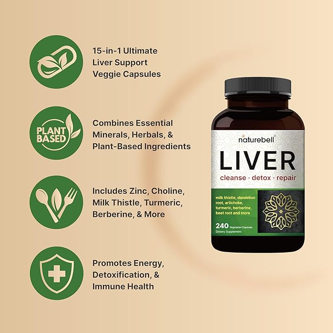 NatureBell Liver Cleanse Detox & Repair, 240 Veggie Capsules | Milk Thistle, Dandelion Root, Artichoke, Turmeric, Black Currant Oil & More in 15-in-1 Formula | Herbal Liver Support Supplement