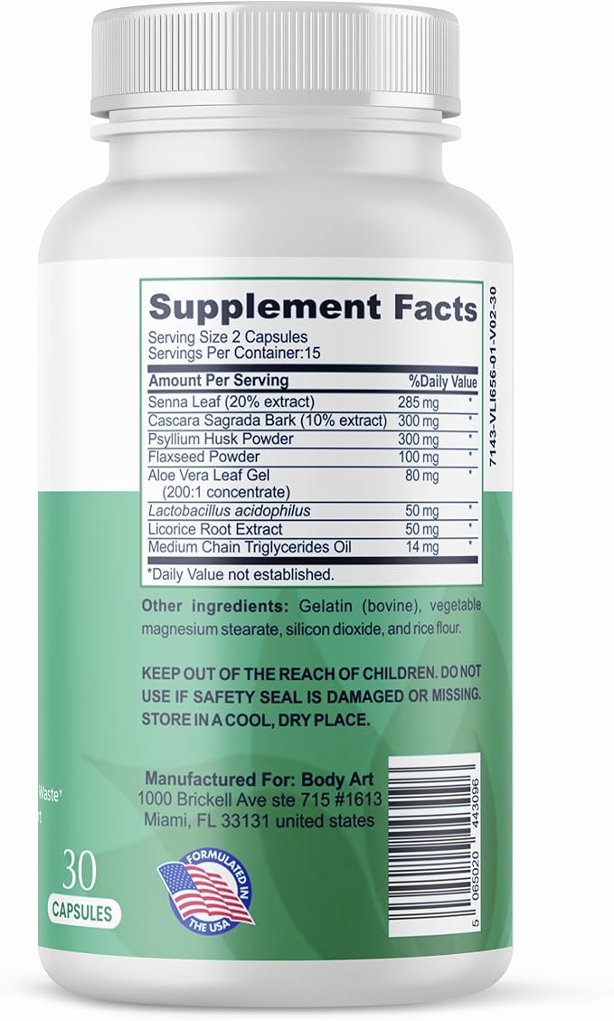 Body Art 15 Day Colon Cleanse Detox - Gut Detox Cleanse for Digestive Health, Gut Cleanse Detox for Women & Men - for Bowel Cleanse, Remove Body Waste, Advanced Colon Cleanser & Detox - 30 Capsules