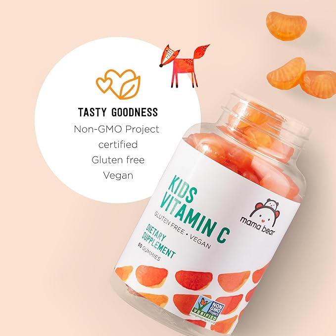 Amazon Brand - Mama Bear Vegan Kids Vitamin C, Orange, 60 Count, Immune Health, 125 mg per Gummy (Pack of 2)