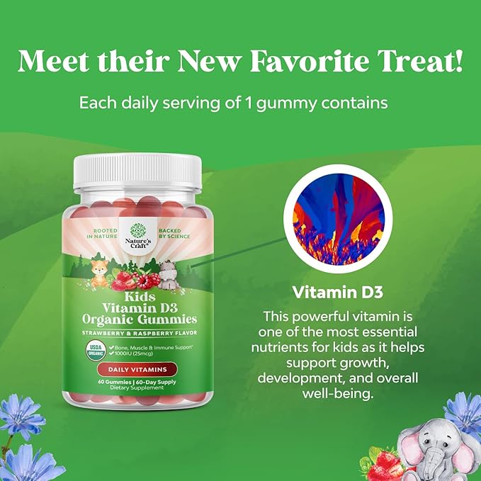 Natures Craft Organic Vitamin D Gummies for Kids - Vegan Kids Immunity Support Gummies with Vitamin D for Daily Teeth Muscle & Bone Support - Organic D3 Non GMO & Gluten Free 2 Month