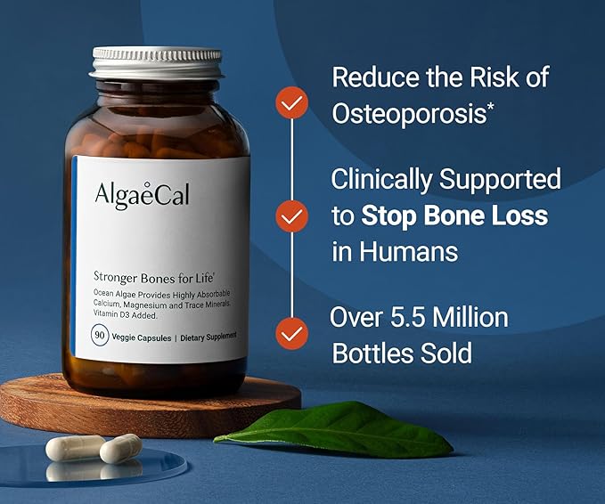 ALGAECAL - Plant Based Calcium Supplement with 13 Bone Supporting Minerals + Vitamin D3 (1000 IU) clinically Shown to Stop Bone Loss. Organic Calcium (750 mg), 90 Veggie Caps, 3 Month Supply