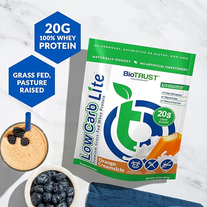 BioTrust Low Carb Lite, 20 Grams of Grass-Fed Whey Protein Isolate, 100 Calories, ProHydrolase Digestive Enzymes, Non-GMO, Free from Soy and Gluten, rBGH-Free (14 Servings) (Orange Cream)