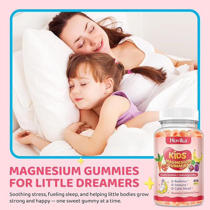 Kids Magnesium Gummies - Magnesium Glycinate & L-Threonate Supplement with L-Theanine, Chamomile & Multivitamins for Sleep, Calm & Focus - Strawberry Banana Center-Filled Gummies 60 ct