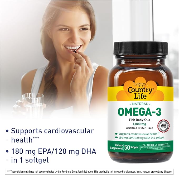 Country Life Omega-3 Fish Oil Supplement, 10000mg,180mg EPA & 120mg DHA, Fish Oil Concentrate, Burpless, 50 Softgels, Certified Gluten Free
