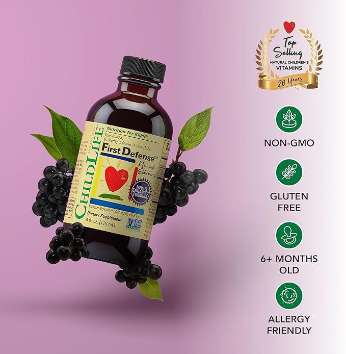 CHILDLIFE ESSENTIALS First Defense - Kids Immune Support, Immune Support for Kids, Toddlers 1-3, Babies 6 Months+, Vitamin Syrup with Elderberry, Zinc, Non GMO, Gluten Free - 4 Fl Oz (Pack of 1)