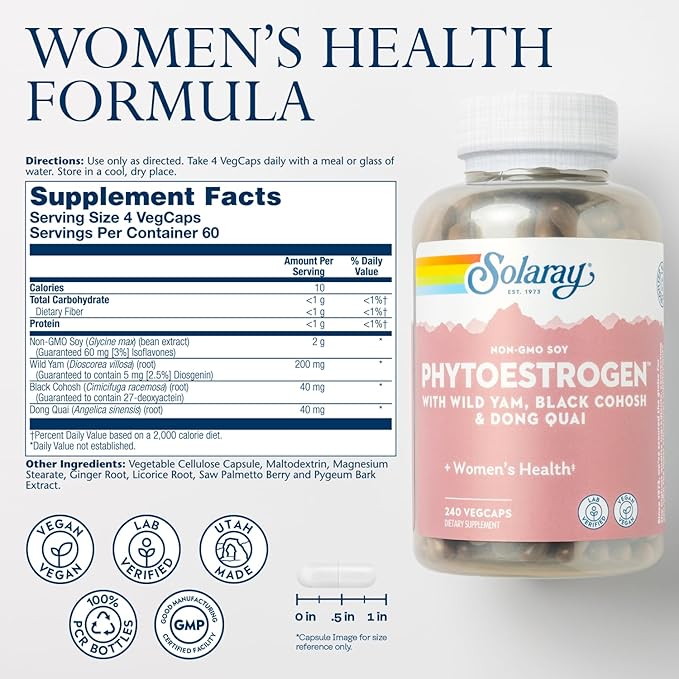 SOLARAY PhytoEstrogen Menopause Supplements - Wild Yam, Black Cohosh, and Dong Quai Estrogen Pills for Women's Health - Vegan, Lab Verified, 60-Day Guarantee (60 Servings, 240 VegCaps)