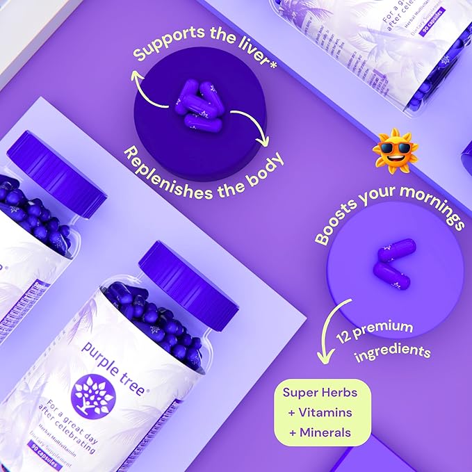 purple tree Post-Celebration Wellness Vitamins | Liver Support, Rapid Hydration, Body Replenisher | Dihydromyricetin DHM, Milk Thistle, Electrolytes, Vitamin B, Willow Bark, Quercetin (30 Pills)