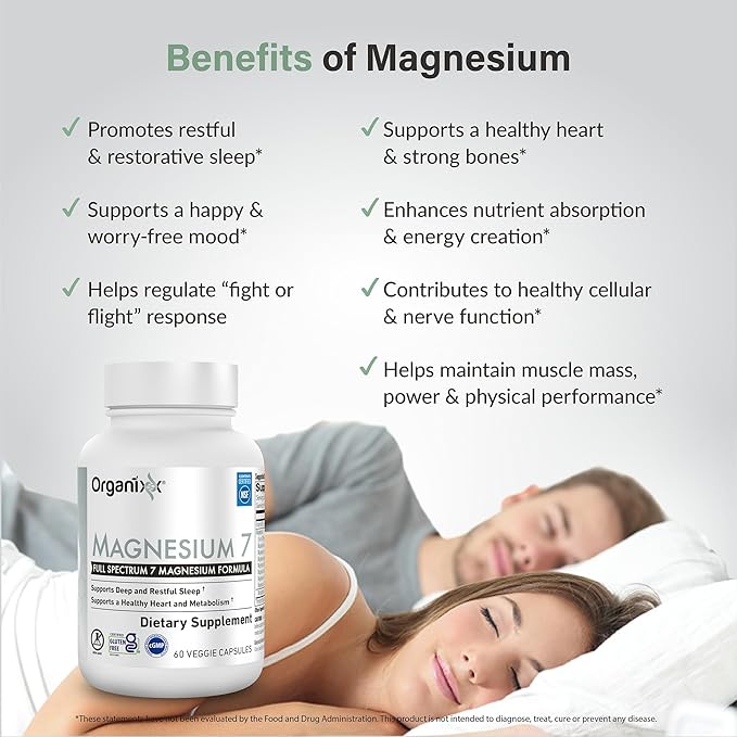 Organixx Magnesium Glycinate Supplement for Support Sleep, Muscle & Heart Health, 7 Type Magnesium Complex with Vitamin B6, Manganese Citrate, Gluten Free, Vegan, Non GMO, High Absorption, 60 Capsules