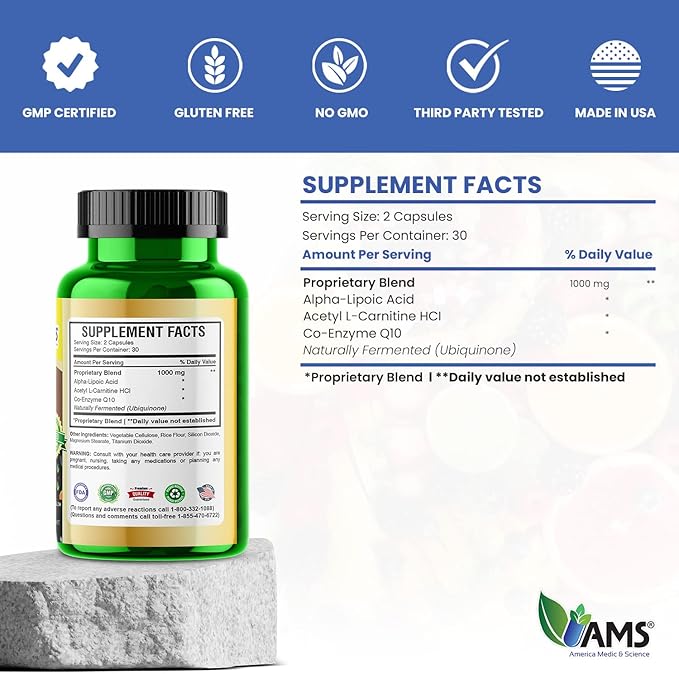 America Medic & Science Neuro Booster (60 Capsules) | Nutritional Supplement for Brain Health | Vitamin Pills for Better Memory and Cognitive Function | with Coenzyme Q10, ALA, and Acetyl L-Carnitine