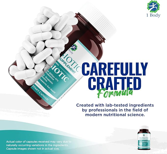 1 Body 30 Billion CFU Probiotic Supplement with Prebiotics – Patented Acid Resistant Capsules to Promote Gut Health, Support Immune System – Probiotics for Women and Men - 60 Vegetarian Capsules