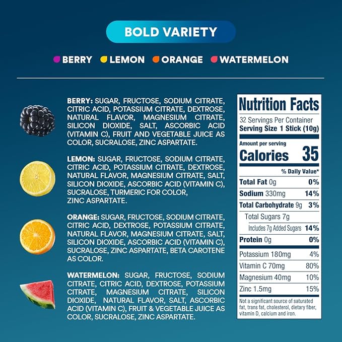DripDrop Hydration - Bold Variety Pack - Electrolyte Drink Mix Single Serve Hydration Powder Packets - Watermelon, Berry, Lemon, Orange | Non-GMO, Gluten Free, Vegan | 192 Sticks