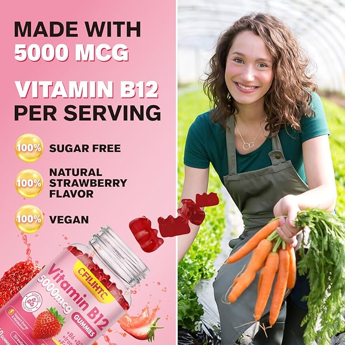 Vitamin B12 Gummies for Women & Men, 5000mcg Methyl B12 Gummies with Vitamin B6, D3, Iron, Folate for Adults, Supports Energy & Metabolism Boost, Mood, Immune & Nervous System, Sugar Free Strawberry